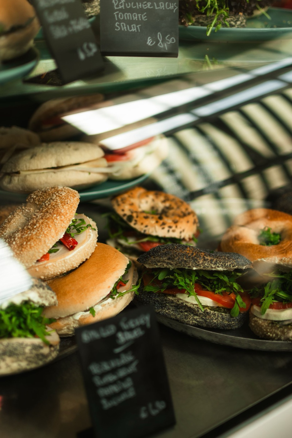 Fresh sandwiches displayed in a cafe
