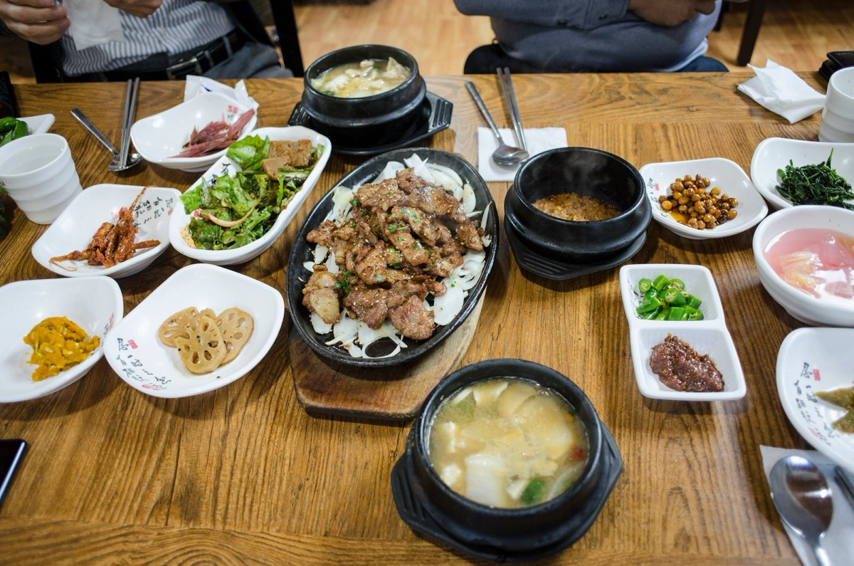Korean dishes spread across a table